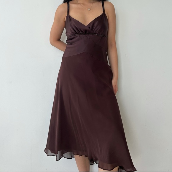 Jones New York Brown Silk V-Neck Midi Formal Dress - Medium - Picture 3 of 4